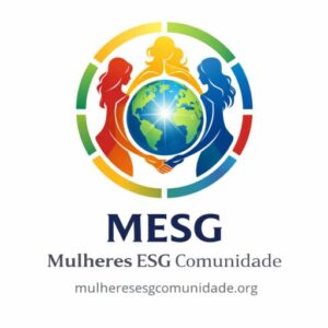 Logo Mulheres ESG Comunidade: um globo terrestre central cercado por três figuras femininas unidas, simbolizando Mediação Global e Sustentabilidade.